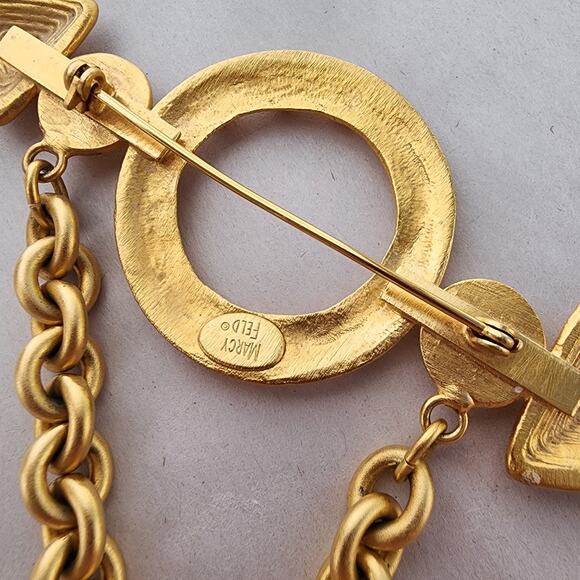 Large Marcy Feld Gold Plated Bar Heart Brooch Arrow Chain Military Statement - Picture 6 of 8